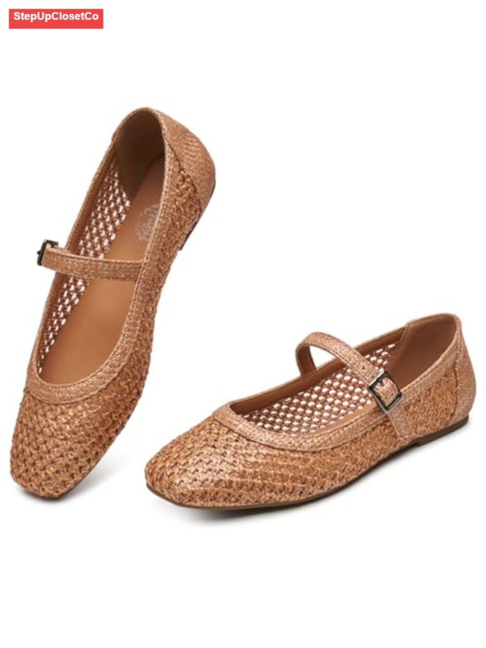 Woven Mary Jane Flats Square Toe Ballet Dressy Adjustable Buckle Comfort